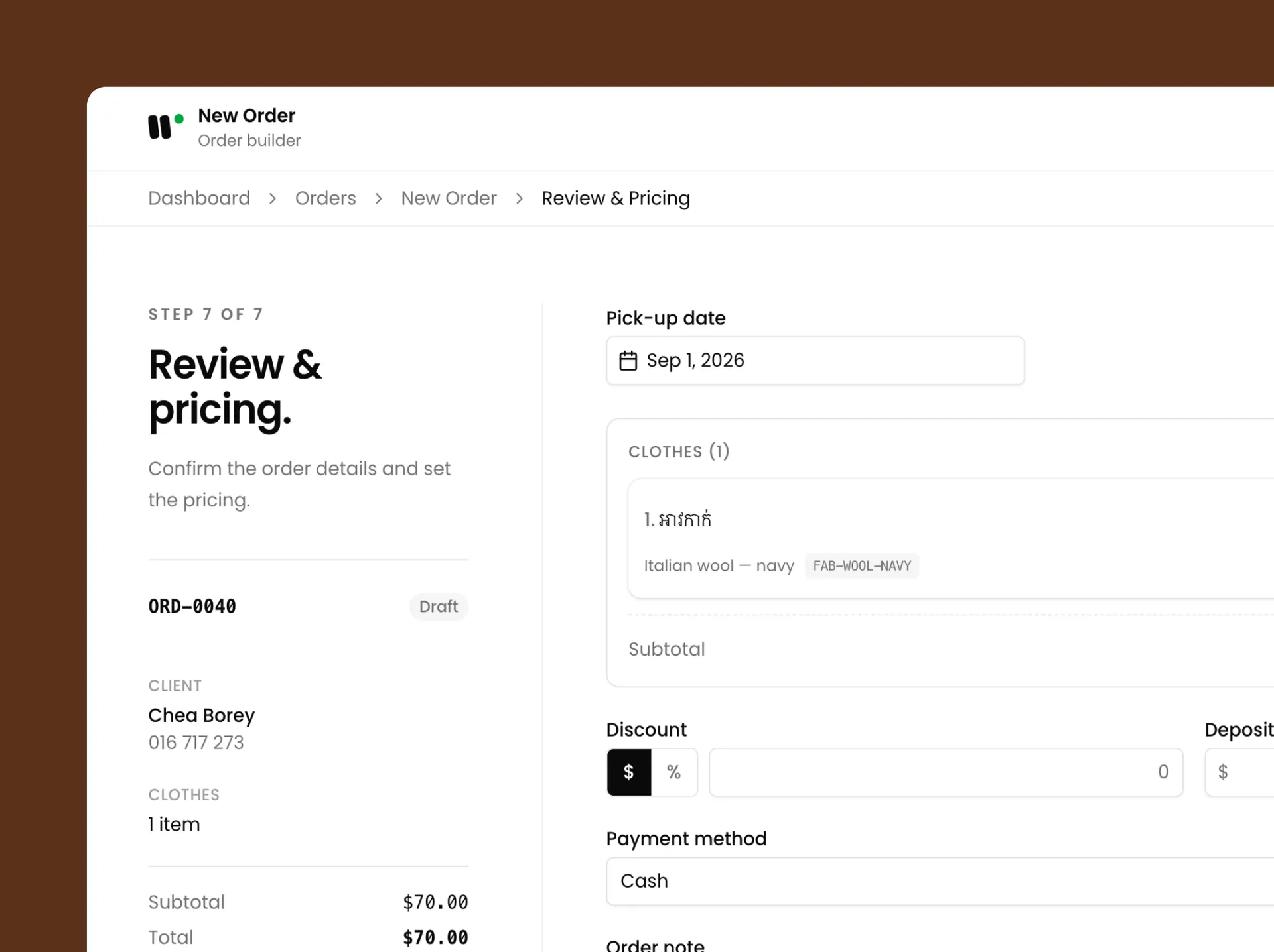 The Review and pricing screen, with discount, deposit and payment method