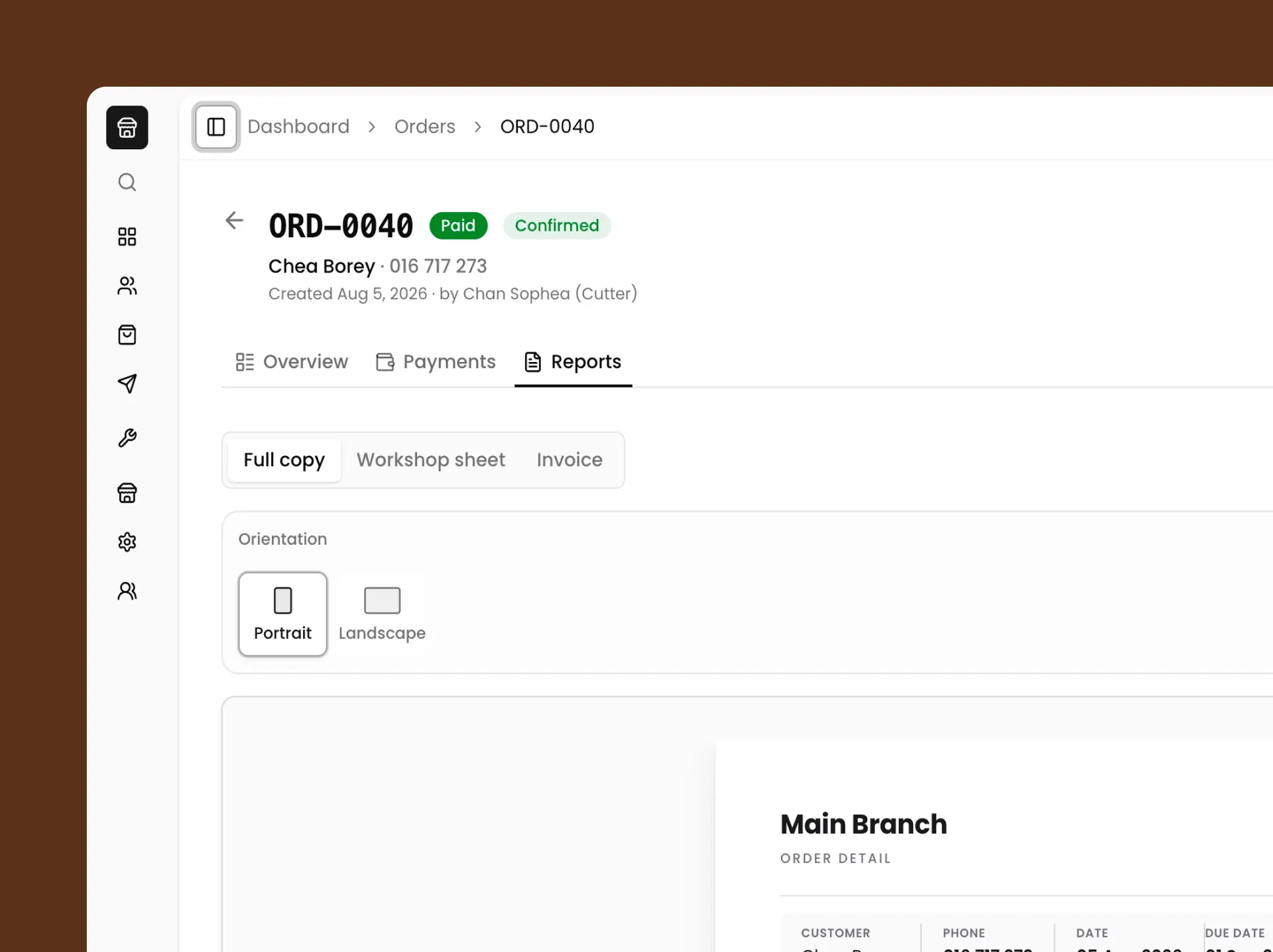 The Reports tab, with the full copy, workshop sheet and invoice